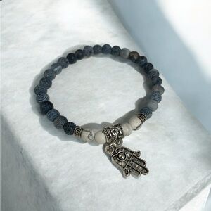 Silver and Gray Beaded Bracelet with Hamsa Charm